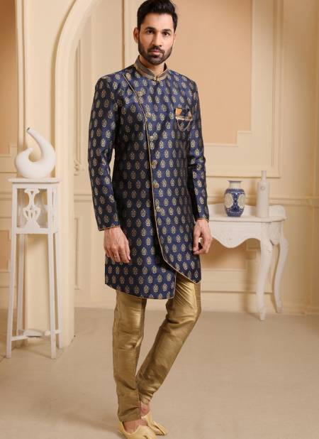 Navy Blue New Party Wear Jacquard Silk Digital Print Indo Western Mens Collection 9223